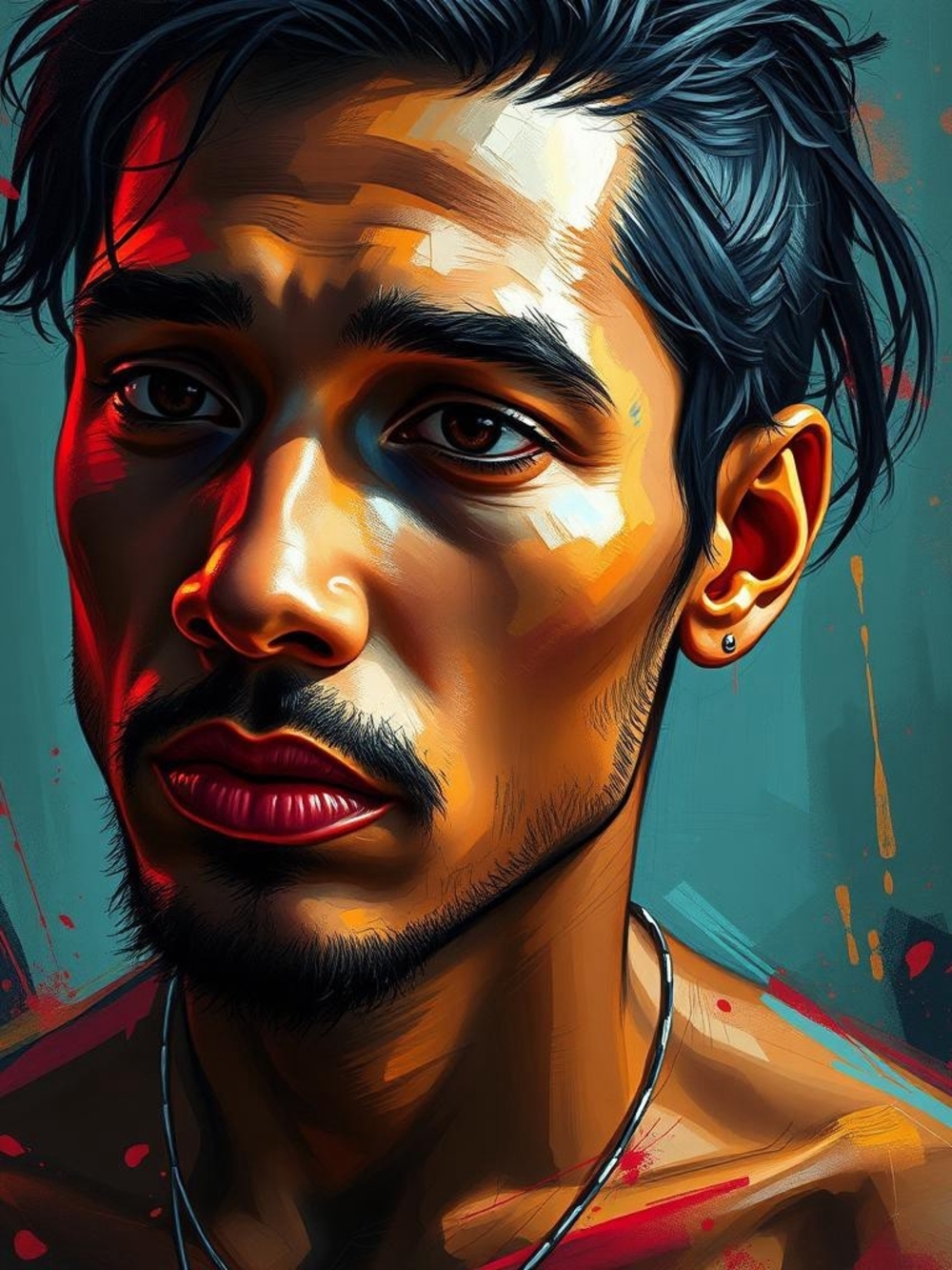 Contemporary Portrait Art Print - Teal & Red Colorway